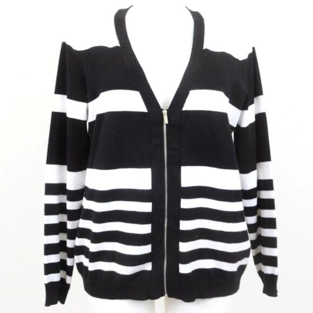Lane Bryant PLUS‎ 18/20 Black White Striped Nautical Sweater Zip Front Cardigan